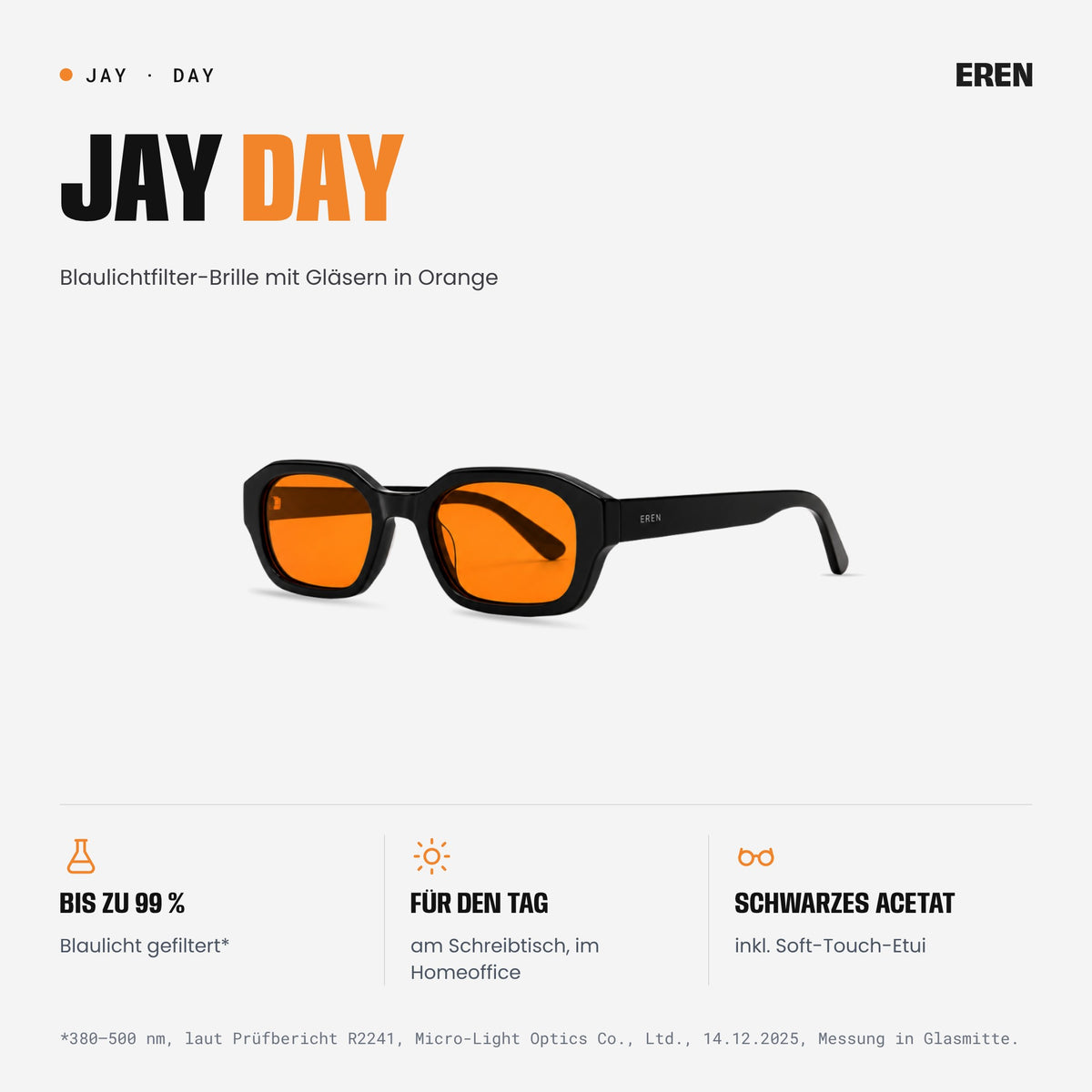 JAY Day Blaulichtfilter-Brille mit Gläsern in Orange und schwarzem Rahmen, Schrägansicht