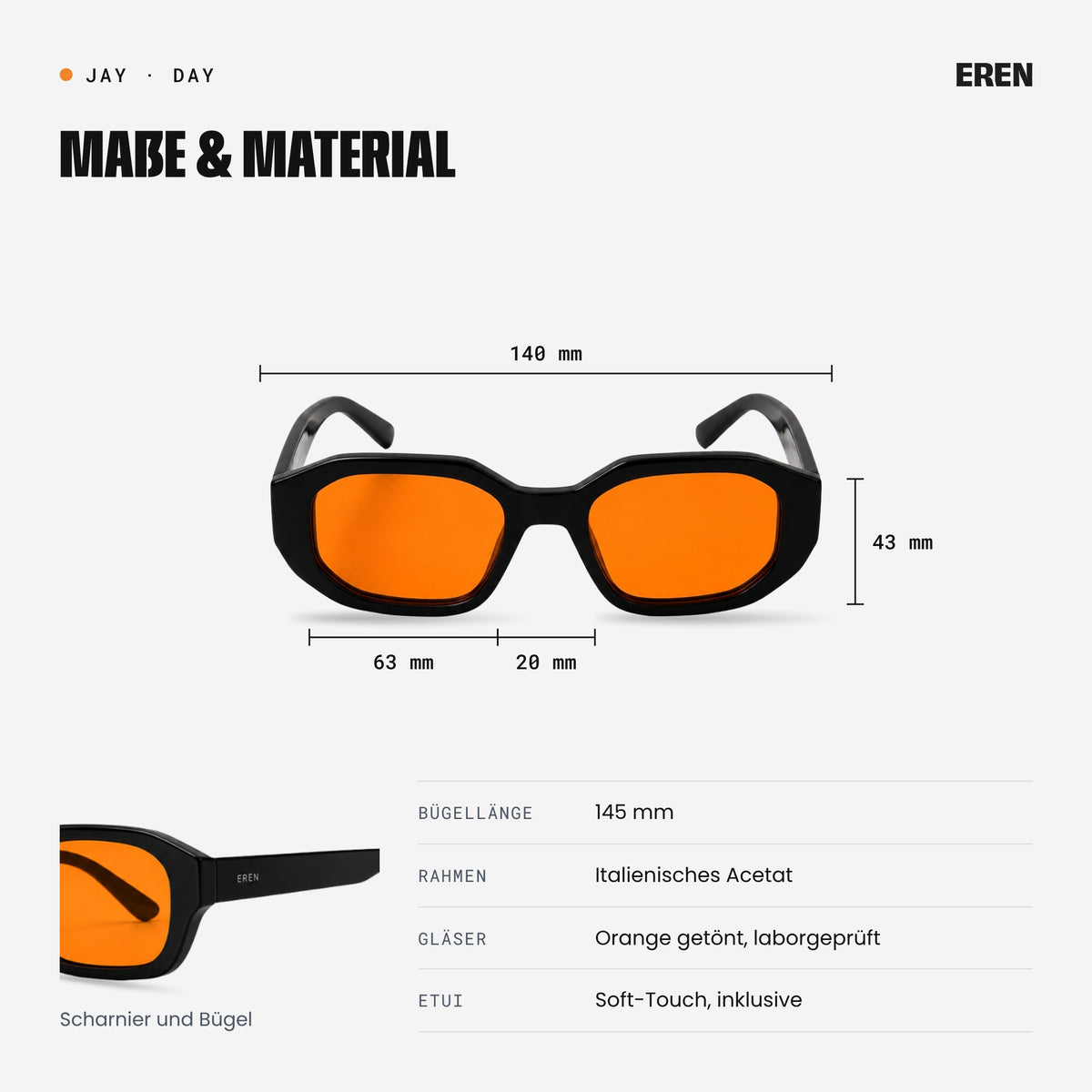 Maße der JAY: 140 mm Rahmenbreite, 63 mm Glasbreite, 43 mm Glashöhe, 20 mm Steg, 145 mm Bügellänge