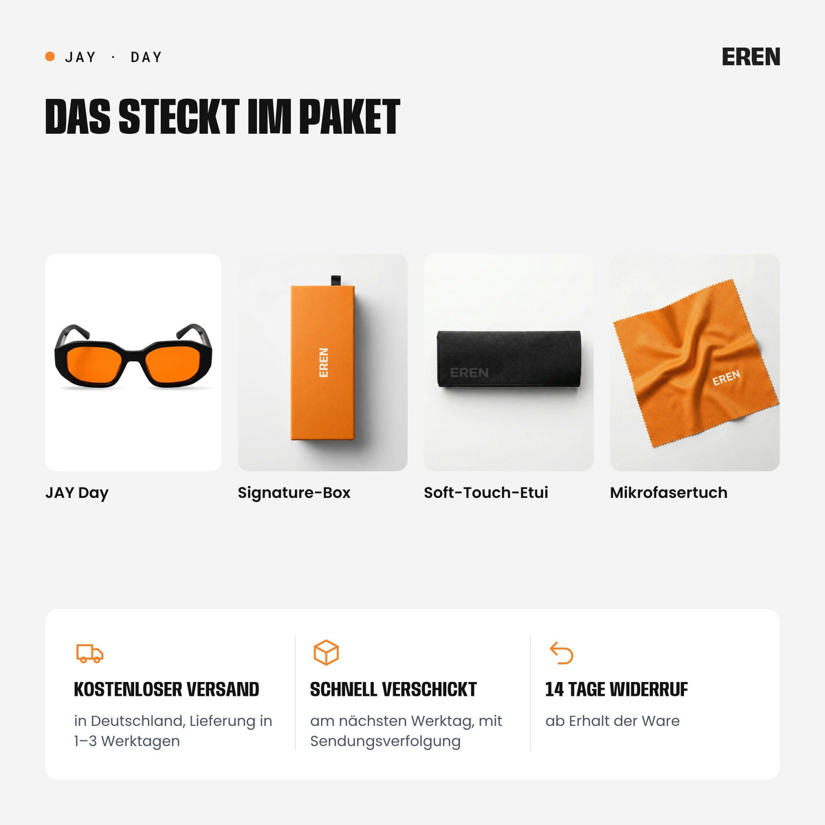 Lieferumfang: JAY Day, Signature-Box, Soft-Touch-Etui und Mikrofasertuch