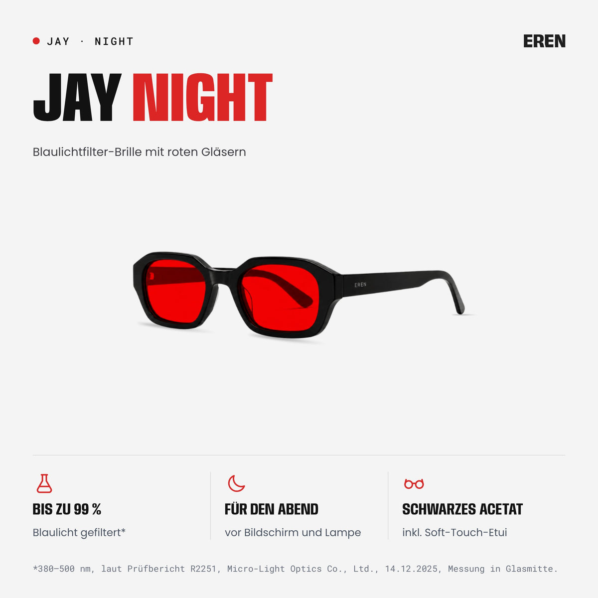 JAY Night Blaulichtfilter-Brille mit roten Gläsern und schwarzem Rahmen, Schrägansicht