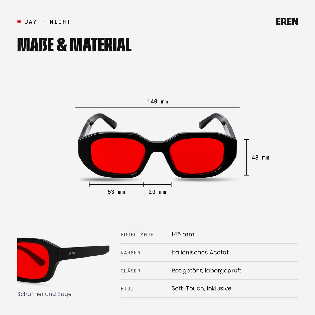 Maße der JAY: 140 mm Rahmenbreite, 63 mm Glasbreite, 43 mm Glashöhe, 20 mm Steg, 145 mm Bügellänge