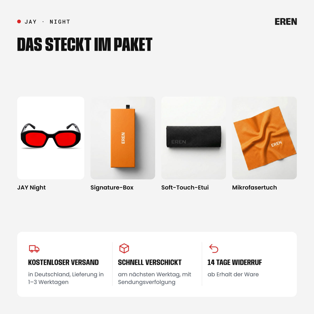 Lieferumfang: JAY Night, Signature-Box, Soft-Touch-Etui und Mikrofasertuch
