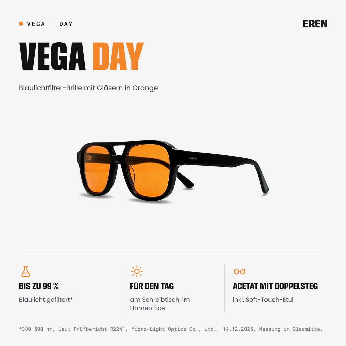 VEGA Day Blaulichtfilter-Brille mit Gläsern in Orange und schwarzem Rahmen mit Doppelsteg, Schrägansicht