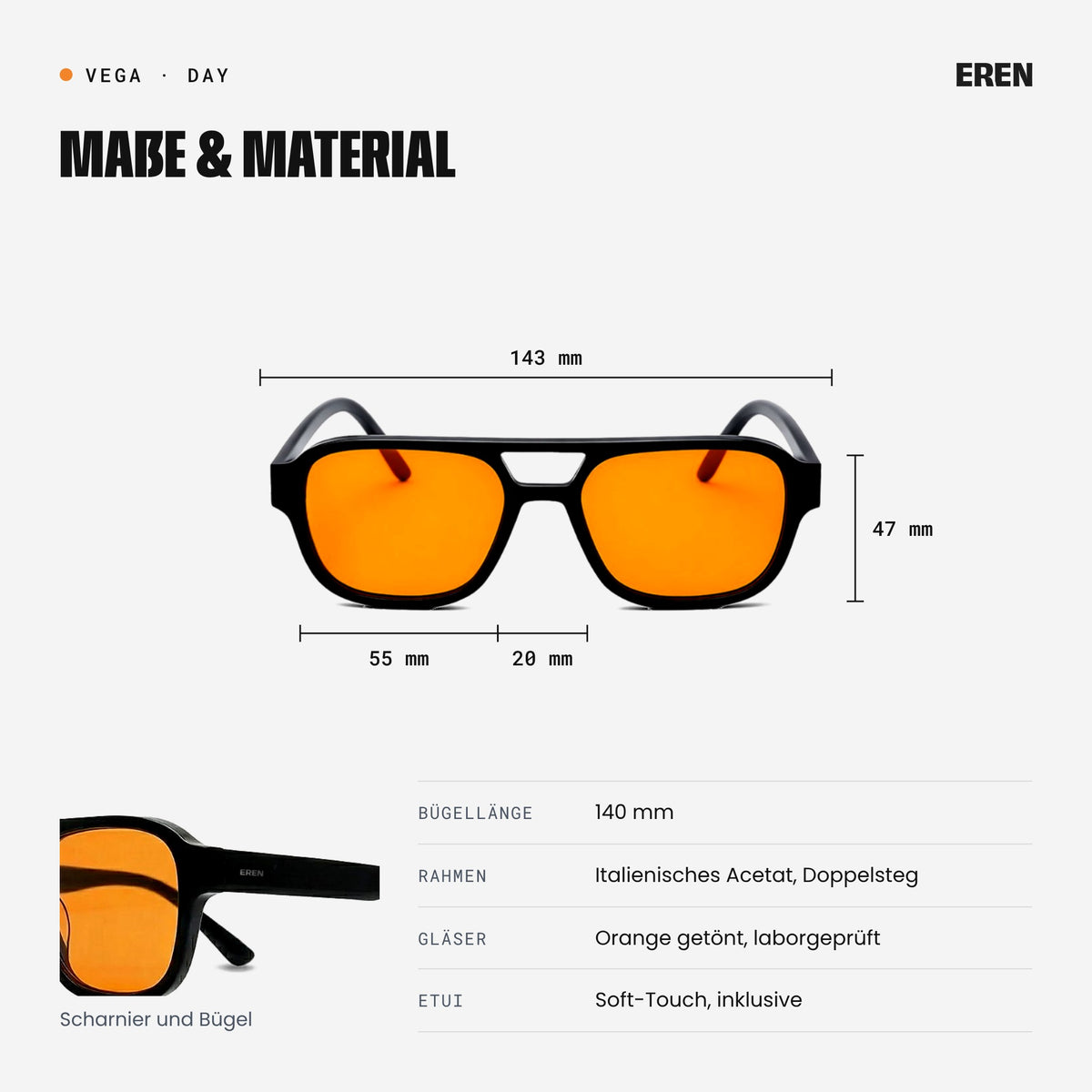 Maße der VEGA: 143 mm Rahmenbreite, 55 mm Glasbreite, 47 mm Glashöhe, 20 mm Steg, 140 mm Bügellänge