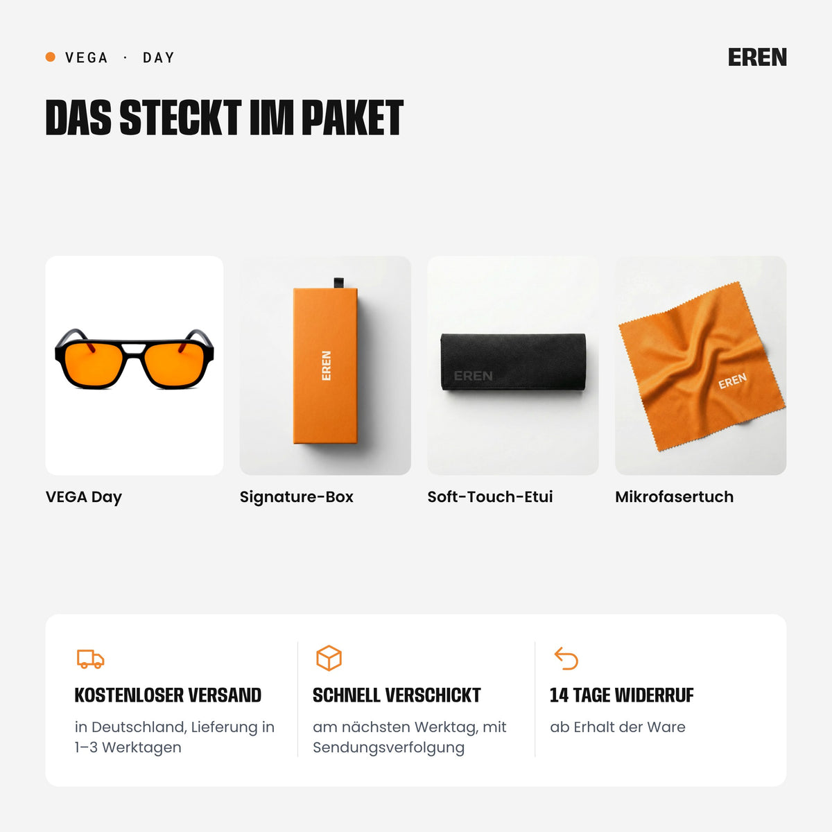 Lieferumfang: VEGA Day, Signature-Box, Soft-Touch-Etui und Mikrofasertuch