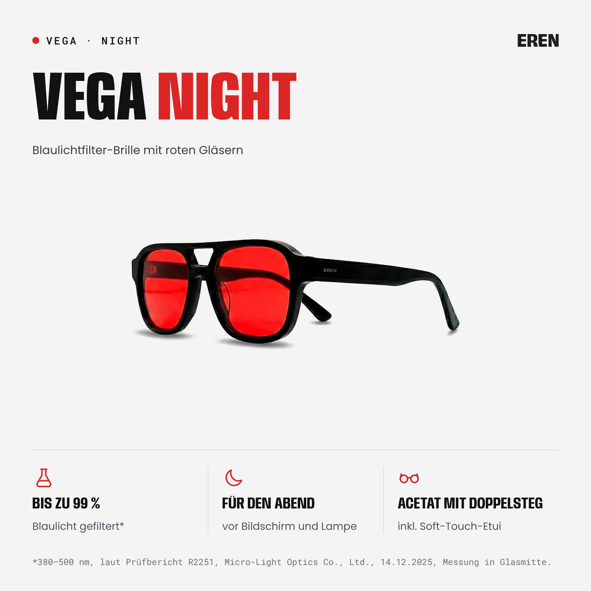 VEGA Night Blaulichtfilter-Brille mit roten Gläsern und schwarzem Rahmen mit Doppelsteg, Schrägansicht