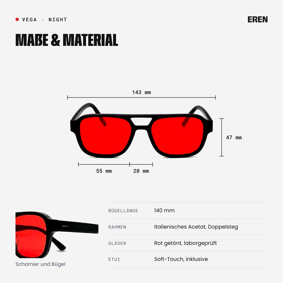 Maße der VEGA: 143 mm Rahmenbreite, 55 mm Glasbreite, 47 mm Glashöhe, 20 mm Steg, 140 mm Bügellänge