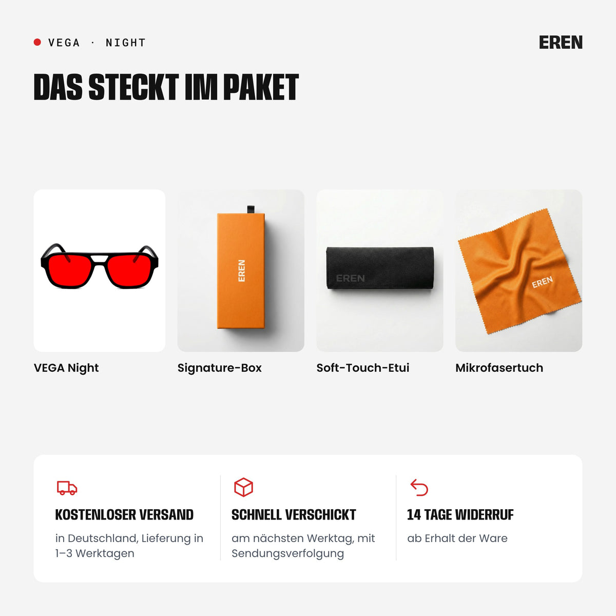 Lieferumfang: VEGA Night, Signature-Box, Soft-Touch-Etui und Mikrofasertuch