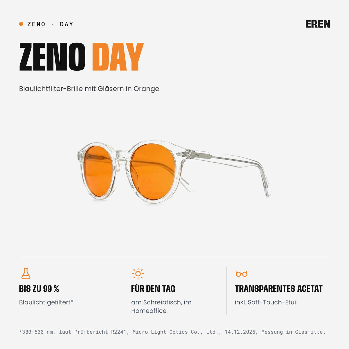 ZENO Day Blaulichtfilter-Brille mit Gläsern in Orange und transparentem Rahmen, Schrägansicht