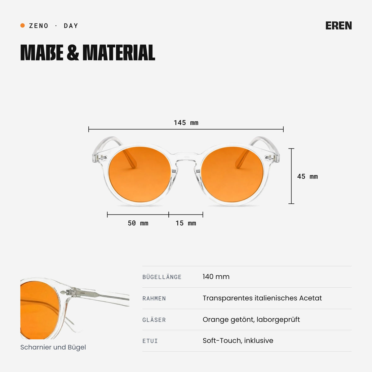Maße der ZENO: 145 mm Rahmenbreite, 50 mm Glasbreite, 45 mm Glashöhe, 15 mm Steg, 140 mm Bügellänge
