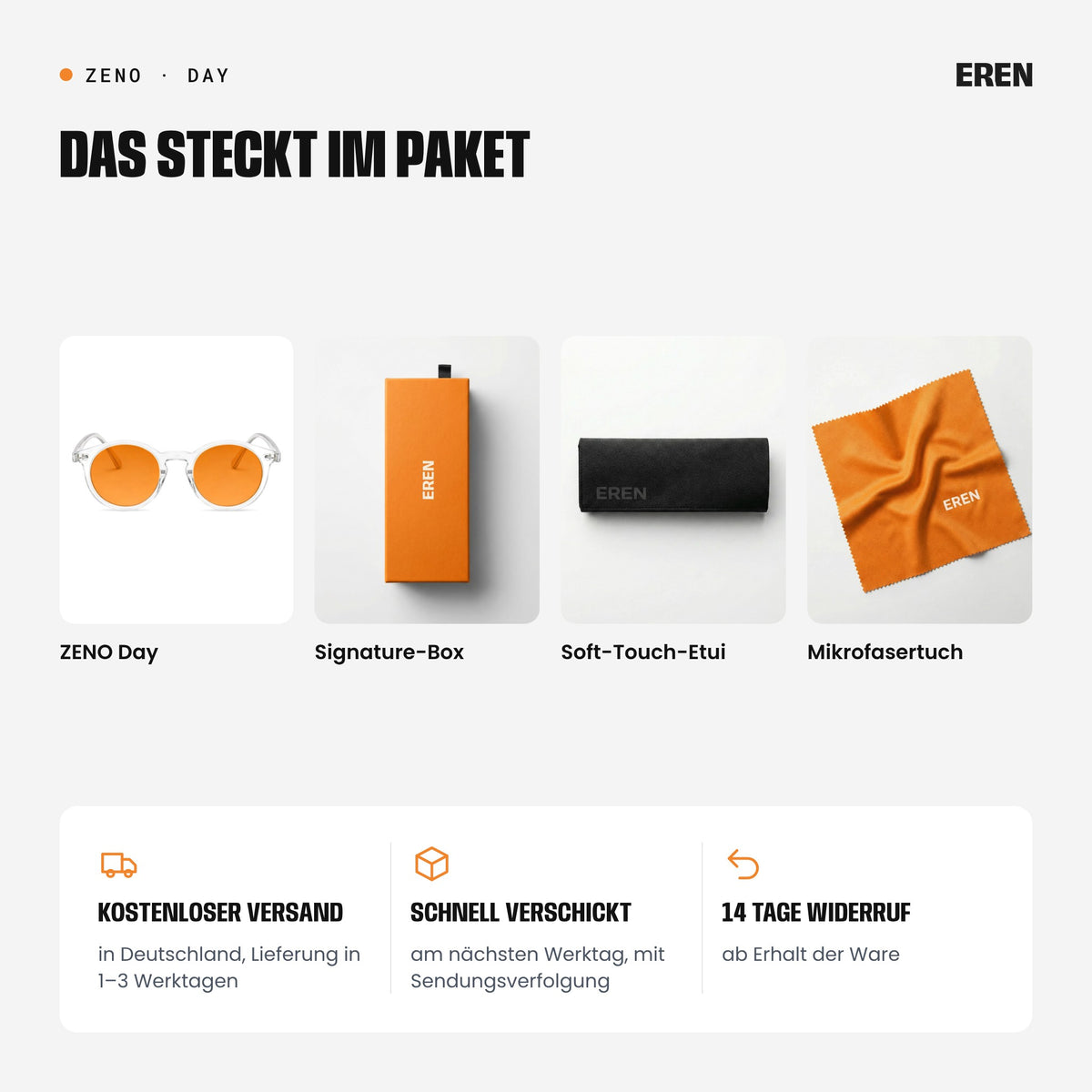 Lieferumfang: ZENO Day, Signature-Box, Soft-Touch-Etui und Mikrofasertuch