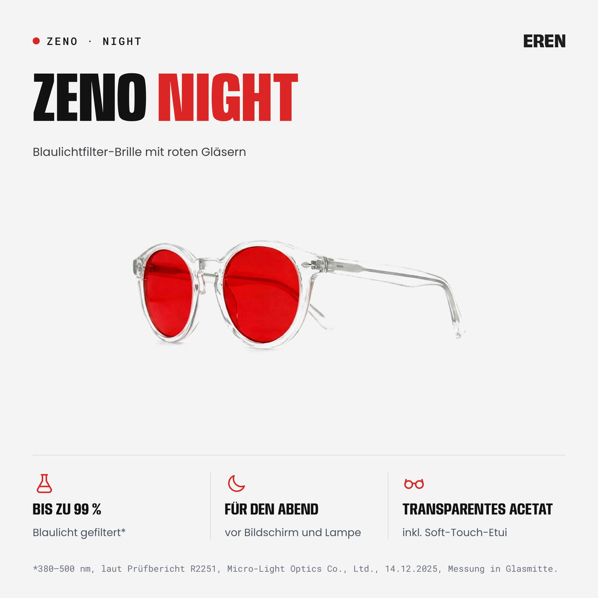 ZENO Night Blaulichtfilter-Brille mit roten Gläsern und transparentem Rahmen, Schrägansicht
