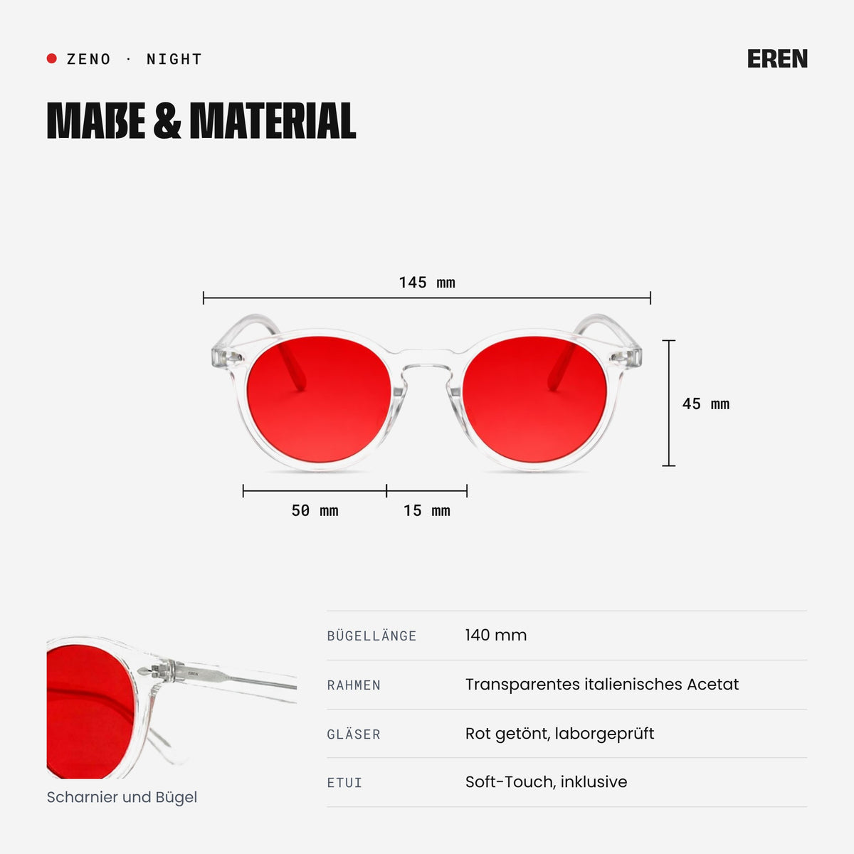 Maße der ZENO: 145 mm Rahmenbreite, 50 mm Glasbreite, 45 mm Glashöhe, 15 mm Steg, 140 mm Bügellänge